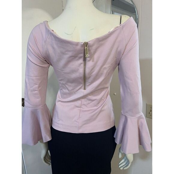 Ted Baker Womens XS V-Neck Back Zip Top Light Pink Lined Bell Sleeve Stretch - Picture 3 of 8